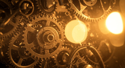 Intricate antique clockwork gears in warm golden light, symbolizing precision, mechanics, and time