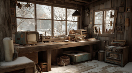 Atmospheric winter workshop interior with retro TV, wooden workbench, vintage tools, and snow entering through the window. Perfect nostalgic scene for lifestyle and retro design concepts.