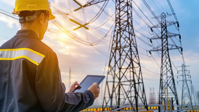A worker checks the electrical infrastructure with a tablet as the sun sets behind high-voltage power lines and towers, focusing on safety
