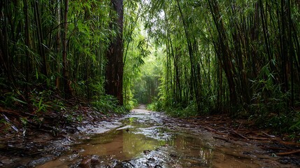 Obraz premium Lush Forest Trail: An evocative forest trail bathed in soft, natural light. The path is paved with puddles, hinting at recent rain. The trees, rich with verdant leaves, create a sense of depth.