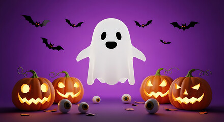 3D Pumpkin Halloween Party Illustration | Cute Ghost with Pumpkins, Eyeballs and Flying Bats Artwork