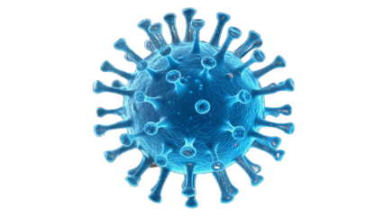 Microscopic View of a Blue Coronavirus Particle on Black Background