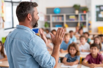 A male teacher, viewed from behind, gestures to a classroom full of diverse young students, engaged in learning.