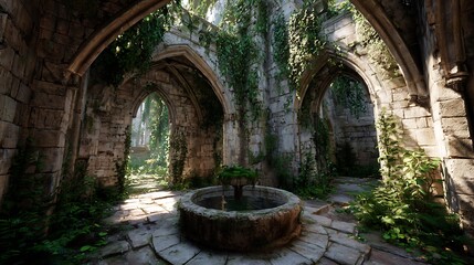 Obraz premium Echoes of Time: Sunlit interior of an ancient, stone cathedral, its arched walkways and remnants overgrown by vines and plants. A water feature rests serenely.