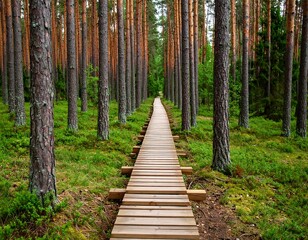 Obraz premium Wooden path through pine forest