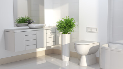 Contemporary sunlit bathroom design with countertop, white ceramic sink, toilet and bathtub, rectangular mirror, decorative flower planter. 3d illustration