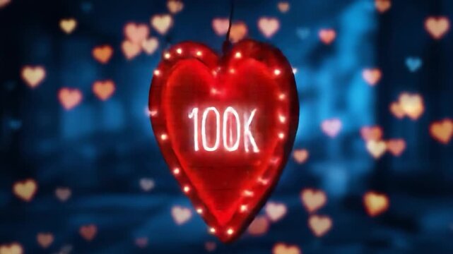 Illuminated 100k sign on a red heart with heart bokeh background for celebrations