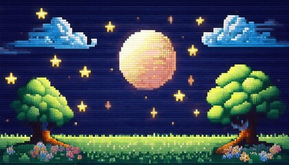 pixel art landscape at night with moon stars clouds and trees on brick wall with green grass background