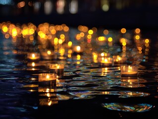 Obraz premium Floating Candles on Water - Serene Night Scene with Bokeh Effect and Warm Glow.