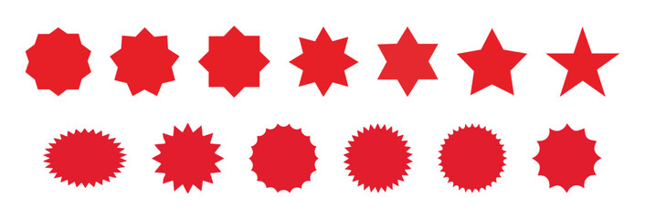 Set of red starburst. Sale sticker, price tag, starburst icon, quality mark, retro stars, circle sticker, red badges. Starburst red shape tags for price tags. vector illustration eps file