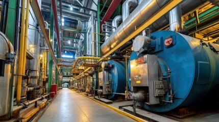 Obraz premium Industrial view of massive boilers and steam pipes inside a plant