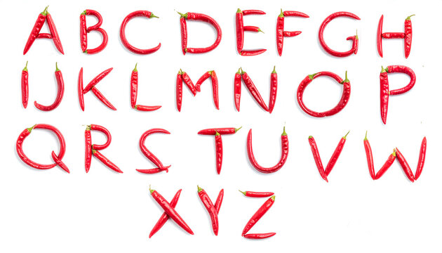 Alphabet letters made with red chili peppers and realistic textures
