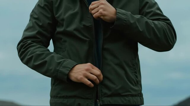 Man zipping green jacket hands close-up preparation outdoor adventure travel concept promotional clothing brands seasonal campaigns ready action horizontal
