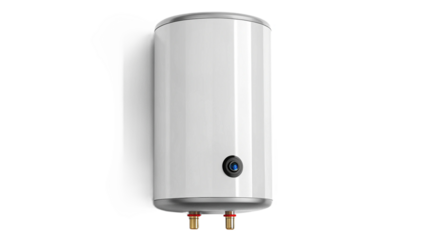 Modern White Water Heater with Blue Indicator Light and Brass Fittings