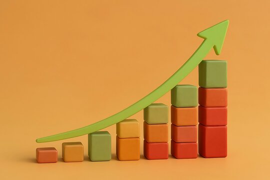 Green arrow graph showing upward trend with colorful stacked blocks representing growth and success