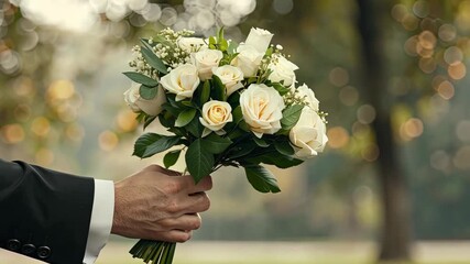 A beautiful hand holds an elegant bouquet of white roses, symbolizing love and purity, set in a charming outdoor location with soft bokeh