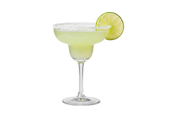 Classic Margarita cocktail with pale lime-green liquid, salt-rimmed glass, lime wheel, isolated on a clean transparent background, high-angle view, concept for beverage advertising