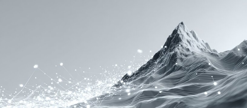 A grayscale mountain range with a network of light points