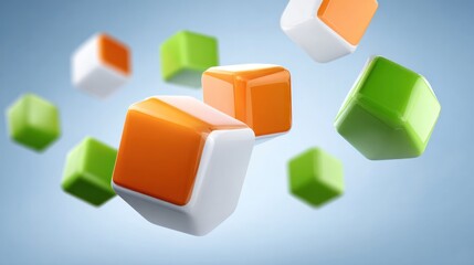 Colorful Cubes Floating in Sky Blue Background Modern Geometric Toy