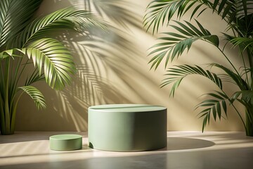 Obraz premium Minimalist Product Display Platform with Tropical Plants and Sunlight Ideal for Cosmetic or Jewelry Presentation in a Natural and Elegant