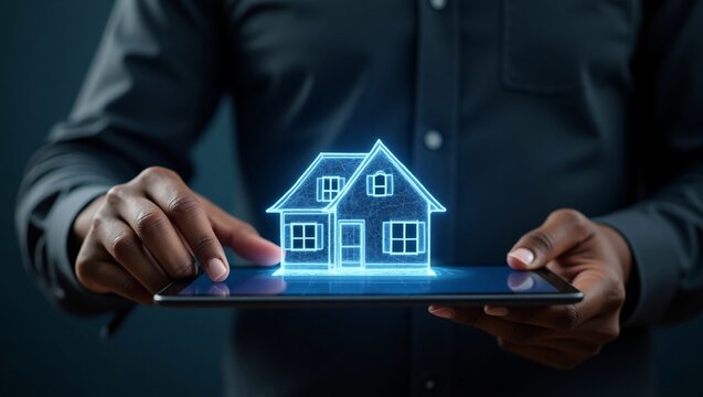 Hands hold a tablet displaying a glowing blue 3D house hologram.
- Powered by Adobe