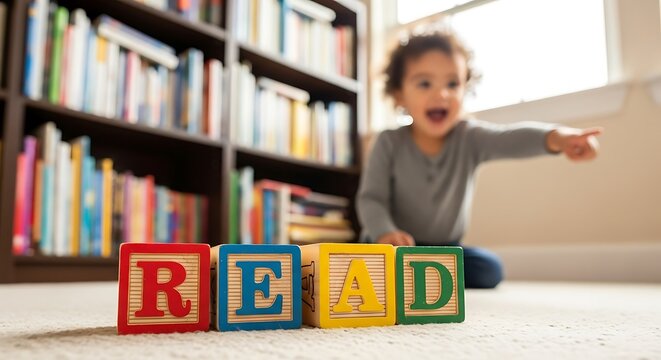 Happy child learning to read with alphabet blocks in a home library setting.