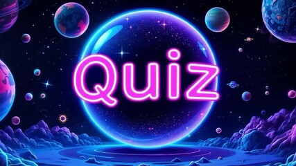 Neon pink quiz title card with galaxy backdrop and cosmic planets design