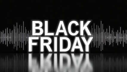 3D "BLACK FRIDAY" text with a white, glowing effect, set against a black background with an audio waveform.
