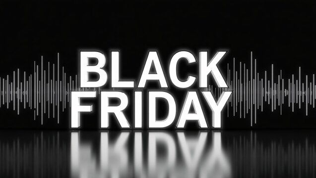 3D "BLACK FRIDAY" text with a white, glowing effect, set against a black background with an audio waveform.