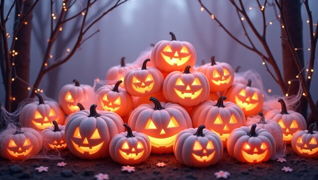 A spooky Halloween scene with many glowing jack o' lanterns in a forest, decorated with fairy lights and spider webs.
