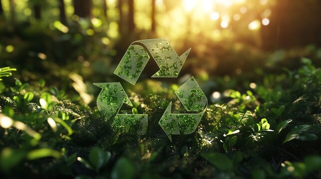 A recycle symbol made of greenery in a forest with sunlight shining through the trees in the background