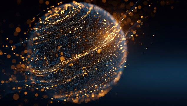 Abstract sphere with golden lines and particles