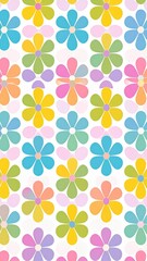 Groovy Retro Floral Pattern with Cheerful Pastel Daisies on White.