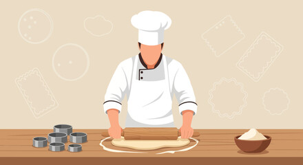 Chef Is Working On A Pastry With A Rolling Pin And Some Ingredients