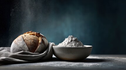 Rustic boule bread on linen tablecloth  still life image
