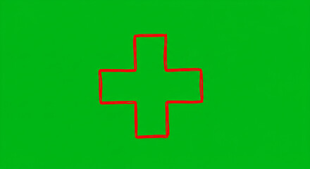 Fototapeta premium Bold red cross symbol drawn on vibrant green background, representing health or safety