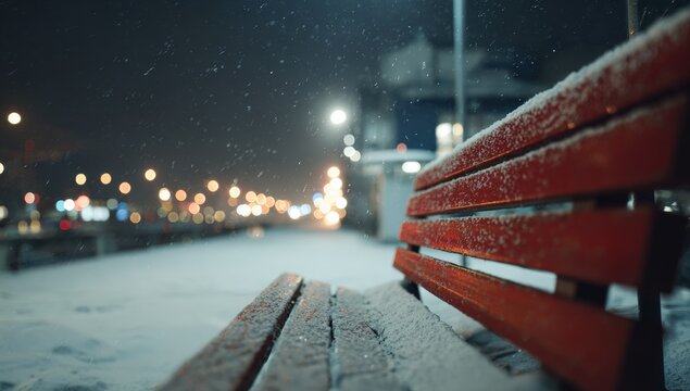 A snowy park bench at night