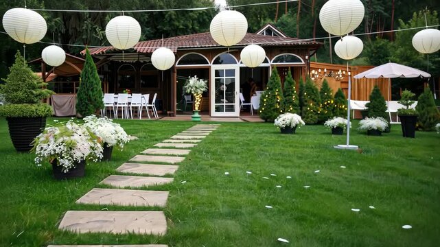 Beautifully arranged garden setting with lanterns and flowers, providing a perfect ambiance for a joyful event with friends and family