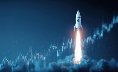 Fototapeta premium Rocket launching into a digitally generated sky, with rising stock market data