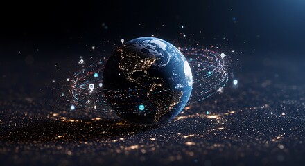 Global connectivity illuminated earth with digital network connections representing global