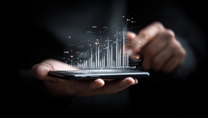 Businessman's hands holding a smartphone with a projected financial chart