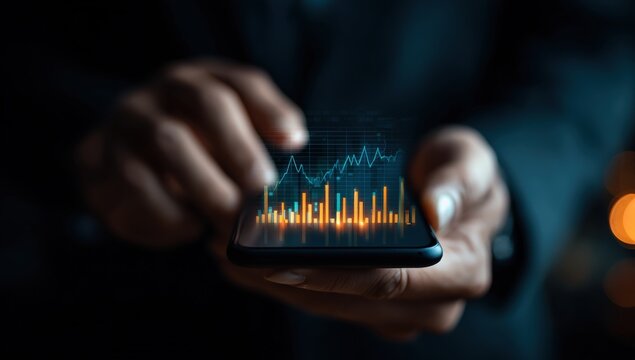 Smartphone displaying stock market graphs. Hands hold device