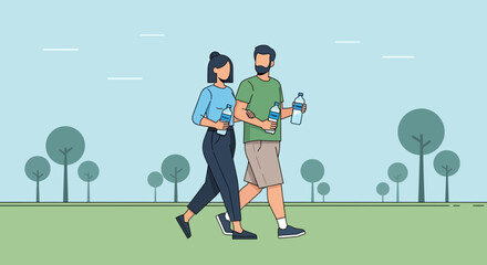 Fototapeta premium Couple Walking Together Through A Park Enjoying Outdoor Activity And Hydration
