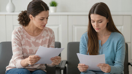 Two women reading documents with question marks