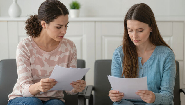 Two women reading documents with question marks - Powered by Adobe