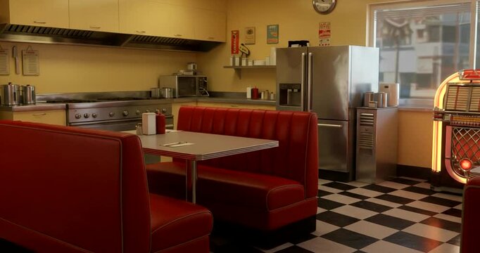 Retro diner interior with red booths and jukebox