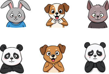 Cute cartoon animal faces with expressions – panda, dog, bunny, and wolf characters showing emotions, perfect for kids illustrations
