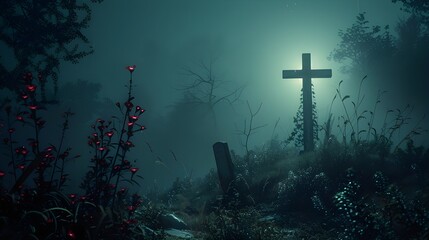 Spooky grave with copy space &ndash; Halloween dark cemetery background with eerie atmosphere