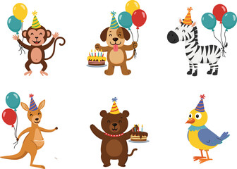 Naklejka premium Cute cartoon animals at birthday party with balloons and cake – dog, monkey, zebra, kangaroo, bird, bear celebration set