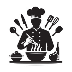 cooking in kitchen with utensils vector silhouette outline logo design concept illustration